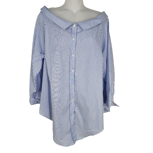 Chico's Shirt Women Size 2 Large Panama Blue Stripe Portrait-Collar Button Woven - Picture 1 of 12